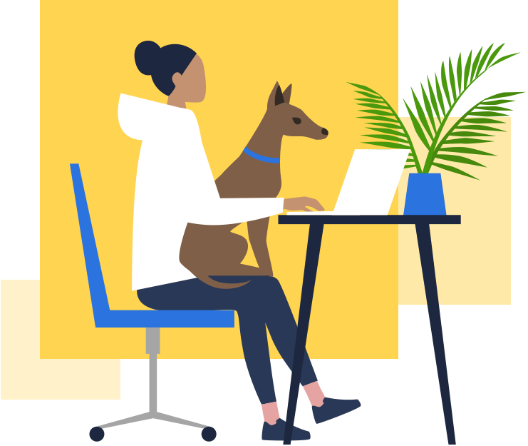 woman working on computer with dog in her lap