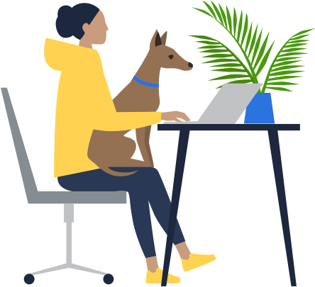 woman working on computer with dog in her lap