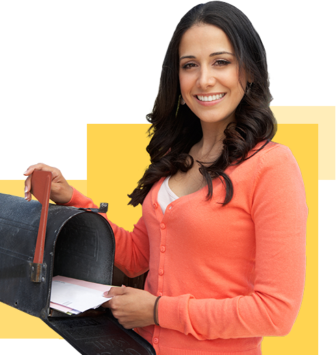 a smiling woman getting mail out of her mailbox