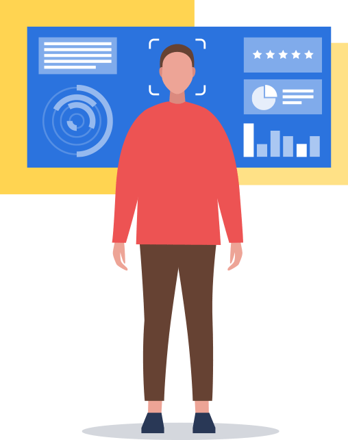 illustration of a man standing in front of a screen with data and charts on it