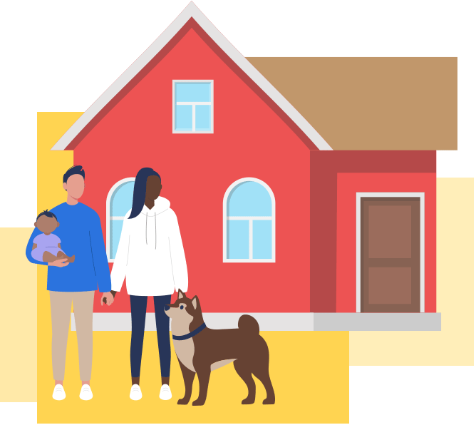 illustration of family standing in front of home