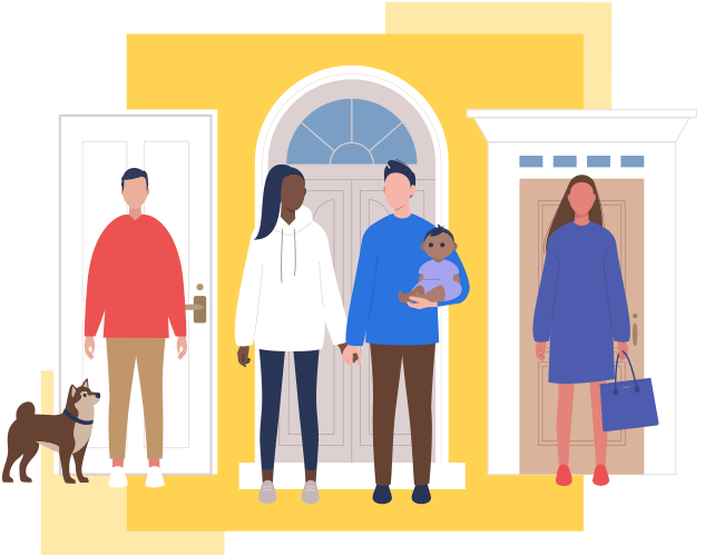 illustration of different homeowners standing at their front doors