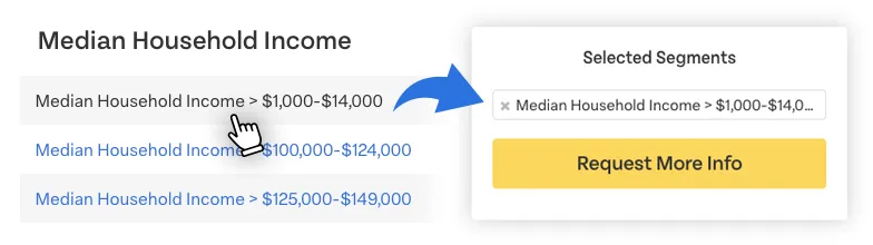 screenshot of a cursor clicking an audience segment to add it to the 'selected segments' popup