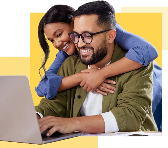 photo illustration of a smiling couple looking at their laptop