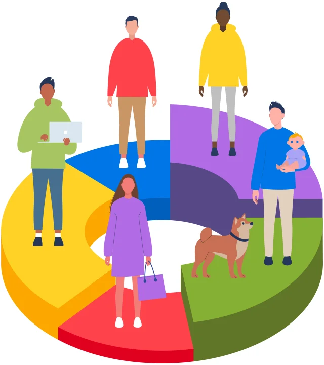 illustraton of various people standing on sections of a 3D pie chart