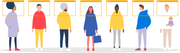 illustration of diverse group of people with browser windows framing their faces