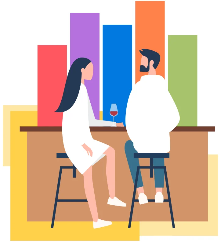 spot-ill-couple-wine-bar-graph-4 spot illustration of a couple at a wine bar with a bar graph in the background