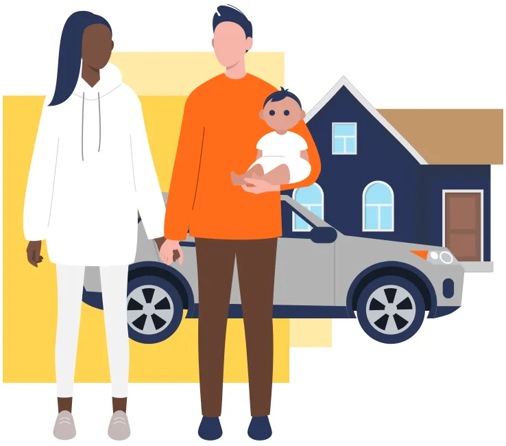 spot-ill-family-w-house-and-car spot illustration of a family standing in front of their car and home