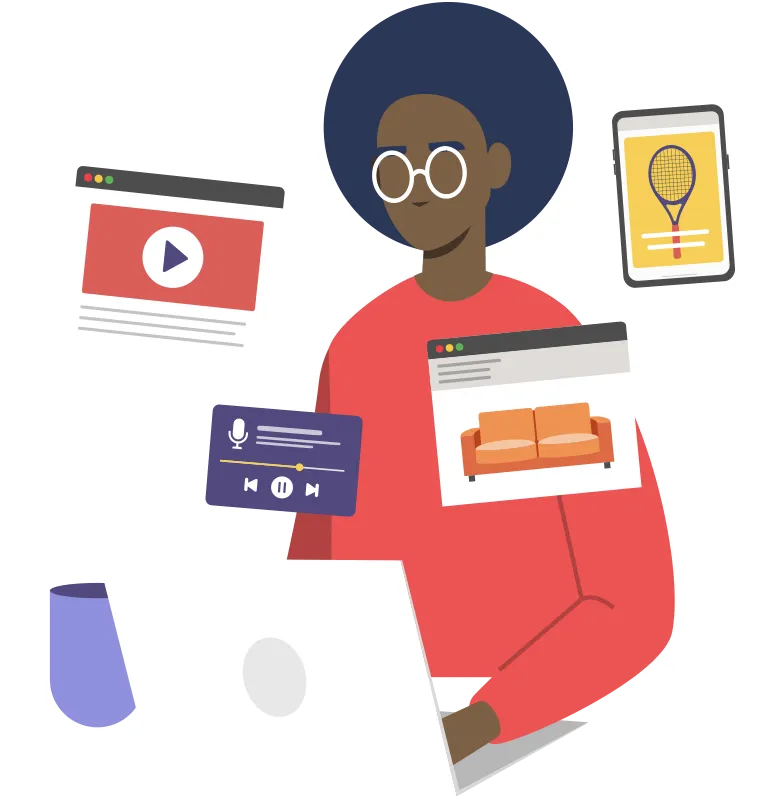 spot illustration of a woman using a laptop with internet elements floating around her