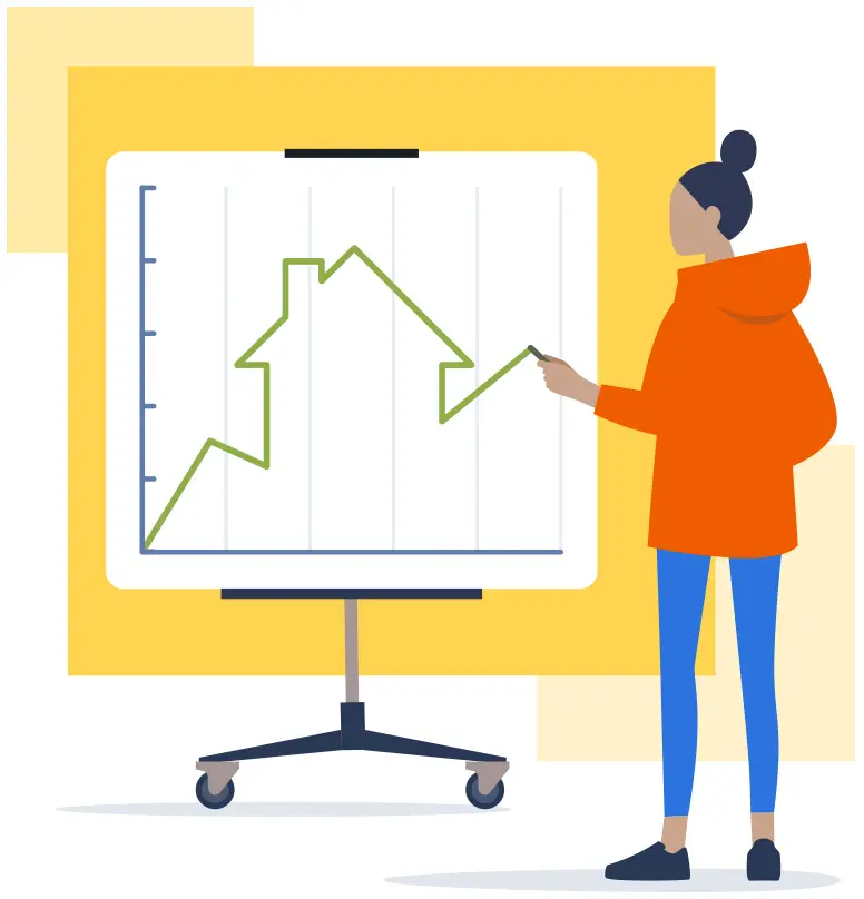 spot-ill-woman-w-chart-house spot illustration of a woman drawing a line chart that forms the shape of a house