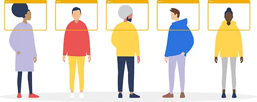 illustration of a diverse group of people with browser windows framing their heads