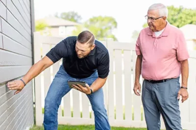 photo of a contractor and a homeowner looking at the foundation of a house