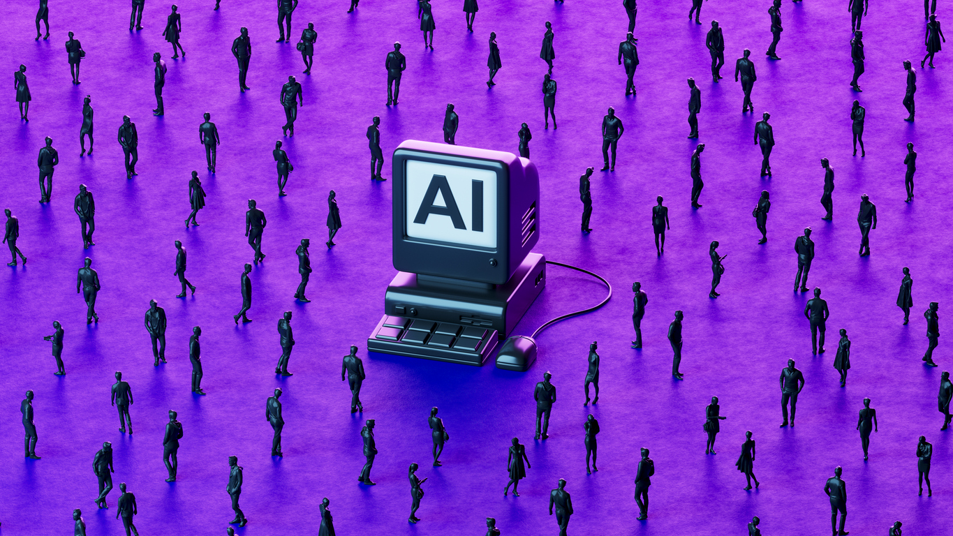 Vintage Computer with AI Text on Screen and Business Crowd on Futuristic Neon Background AI-ready customer data