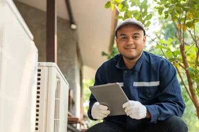 photo of a smiling hvac worker with a tablet, next to air conditioning units